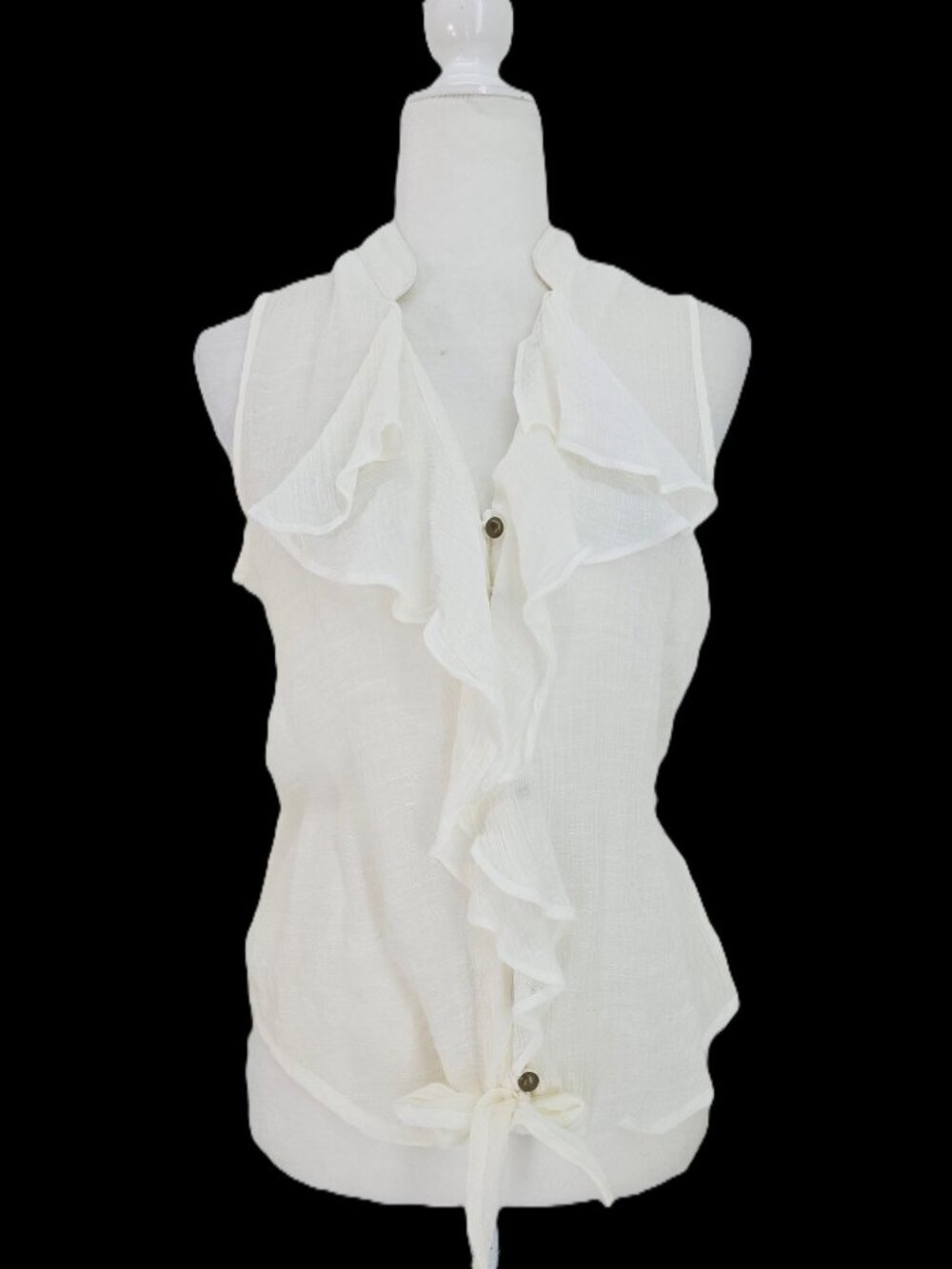 Women's White Dainty Ruffle Knot Button Front Lace See Through Sleeveless Top L